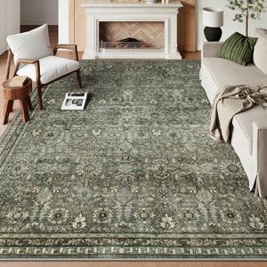 Lahome Large Dark Olive Green Area Rugs, Washable Area Rugs 9x12 Living Room, Boho Bedroom Mats Under Bed, Soft Stain Resistant Non-Shedding Thin Carpet for Dining Room Apartment (9'x12', Dark Green)