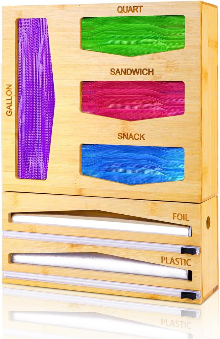 Storage Bag Organizer, Foil & Plastic Wrap Dispenser with Cutters, 6in1 Bamboo Bag Organizer for Kitchen Drawer & Wall Mount-Gallon,Quart,Sandwich,Snack, Foil & Plastic Holders