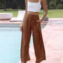 Faleave Women's Cotton Linen Summer Palazzo Pants Flowy Wide Leg Beach Trousers with Pockets (Brown, L)