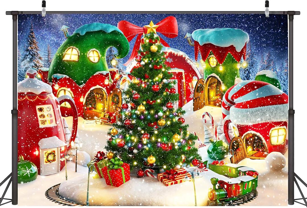 Cartoon Christmas Village Photography Backdrop Winter Snow 10x8 FT Christmas Candy House Photography Backdrops Xmas Tree Decor Background Kids Party New Year Party Decoration Banners (GREEN-Fairy house)