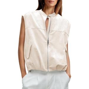 Yousify Womens Zip Up Faux Suede Vest Cropped Cap Sleeve Trendy Casual Pleated Vest Jackets Fall Loose Fit Outerwear (Beige, S)