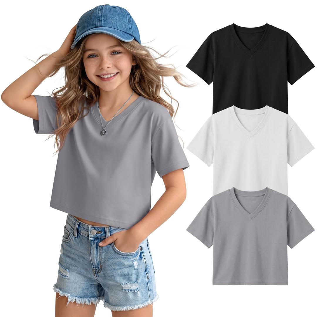 LessonZoo 3 Pack Girls Short Sleeve Crop Tops V Neck Cute Cropped T Shirts Summer Casual Tops Basic Tees Size 5-14 Years(Black, White, Gray,9-10 Years) (Black)