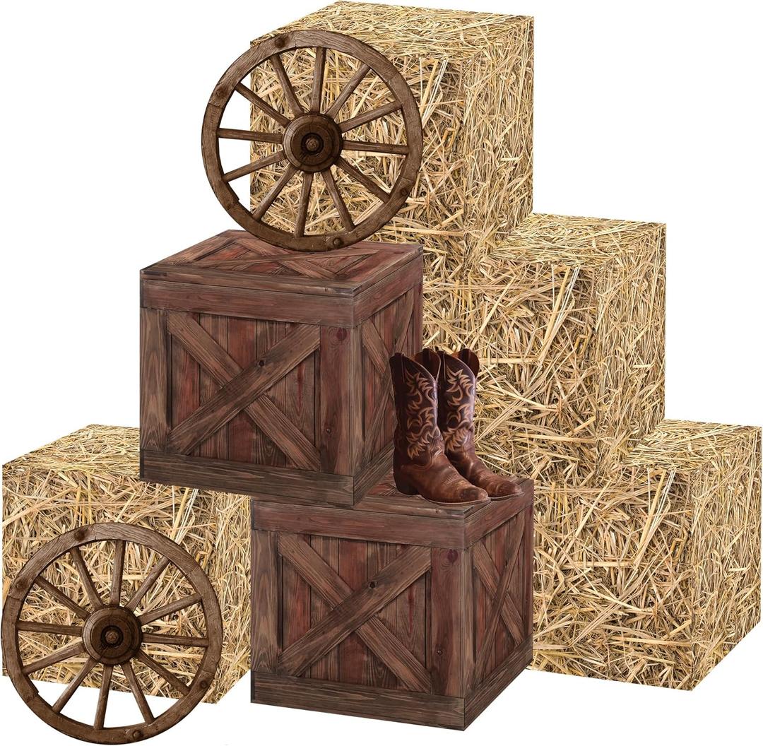Western Hay Bales Boxes Decor - 9 Pcs Cowboy Party Decorations Supplies Hay Bale Boxes Wooden Boxes Wheel Cards Cowboy Boot Card For Farm Trunk Treat Car Hay Bales Wagon Rodeo Birthday Party