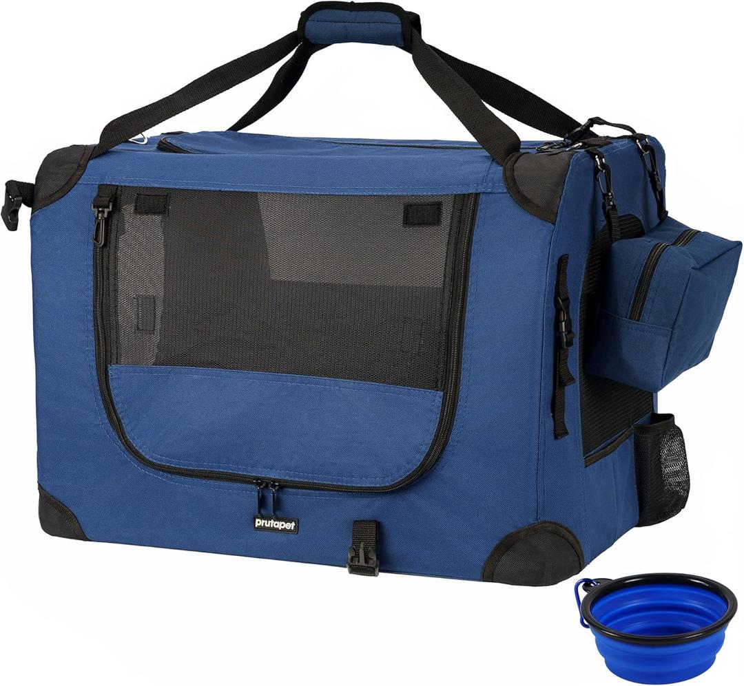 Prutapet Large Cat Carrier 24"x16.5"x16.5" Portable Dog Crate for Small Medium Dogs Collapsible Traveling Pet Crate with Collapsible Bowl (Blue)