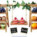 Wooden 3 Tier Cupcake Stand with Swing, Rustic Pine Wood Dessert Display Stand with Removable Trays, Foldable A-Frame Ladder Rack for Cake Fruit Snack, Perfect for Wedding Party Birthday