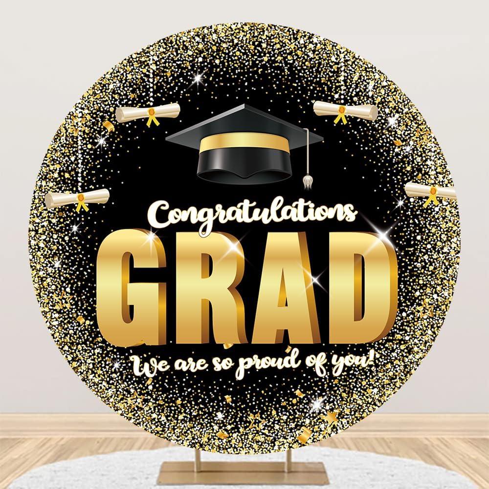 6.5x6.5ft Grad Round Backdrop Cover Black and Gold Graduation Party Decorations Photography Background Congratulations Class of 2025 We are so Proud of You