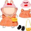 3 x 2025 New 17cm Doll Clothes Outfit, Cute 4-Pieces Orange Crochet Dres, Keychain Accessories for 6.7 Inch Cute Pink Hat &Yellow Shoulder Bag,Tiny Shoes Handmade Clothes Accessories