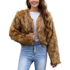Gihuo Women's Winter Cropped Faux Fur Coat Long Sleeve Open Front Cardigan Fleece Jackets Shaggy Parka Outerwear (Large, Brown)
