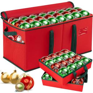 Christmas Ornament Storage Box, Xmas Decoration Organizer with 8 Tray, Christmas Storage Container with Dividers, Ornament organizer with Strong Handles for Holiday Decorations (Red)
