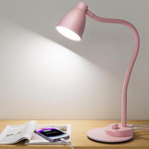 BOHON Cute Pink Desk Lamp with USB Charging Port, 3 Color Modes, Dimmable, Flexible Gooseneck, LED, Aluminum, Pink