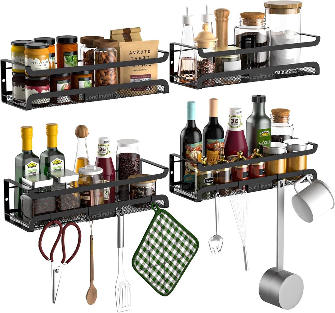 Spice Rack Wall Mount with Hooks - Spice Racks Organizer for Cabinet Storage, Wall Mounted Hanging Shelf Seasoning Organizer, for Kitchen, Pantry Door, Bathroom (Black, 4 Pack)