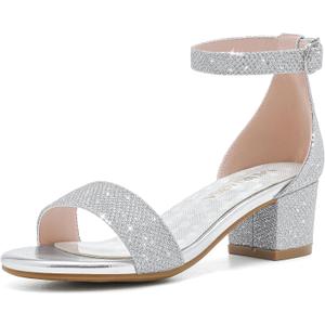 Girls High Heels Sandal for Girls Open Toe Ankle Buckle Strap Dress Shoes for Little Big Kids in Wedding Party Block Chunky Pump Sandals (Honorable Glitter Silver, 1 Big Kid)