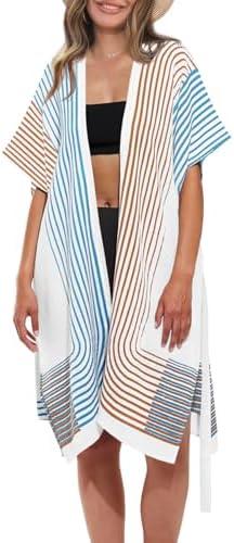 Saodimallsu Womens Kimono Cardigans Striped Summer Batwing Short Sleeve Open Front Belted Split Beach Swimsuit Coverup XL