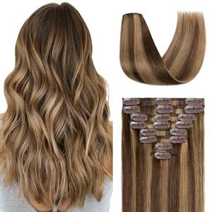 TESSHAIR Clip in Hair Extensions Real Human Hair 10 Inch Human Hair Clip in Extensions Medium Brown & Dark Blonde Hair Extensions Clip ins Double Weft 100% Real Human Hair Extensions 8 PCS 50g #4P27