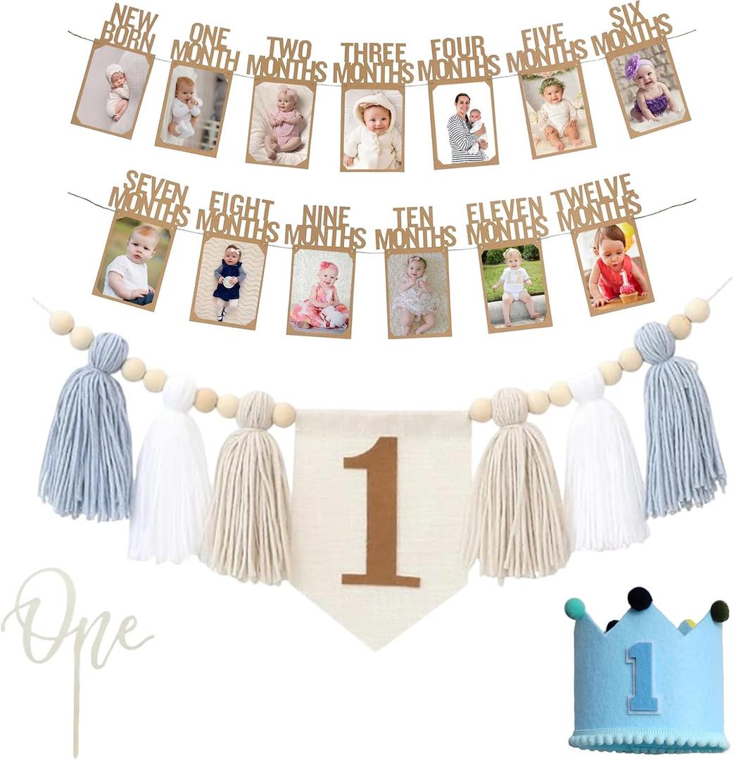 Baby First Birthday Party Decorations First Highchair Banner For Baby Boys Blue High Chair Banner Crown Cake Topper Baby Photo Banner 1st Birthday Photo Backdrop (Blue)