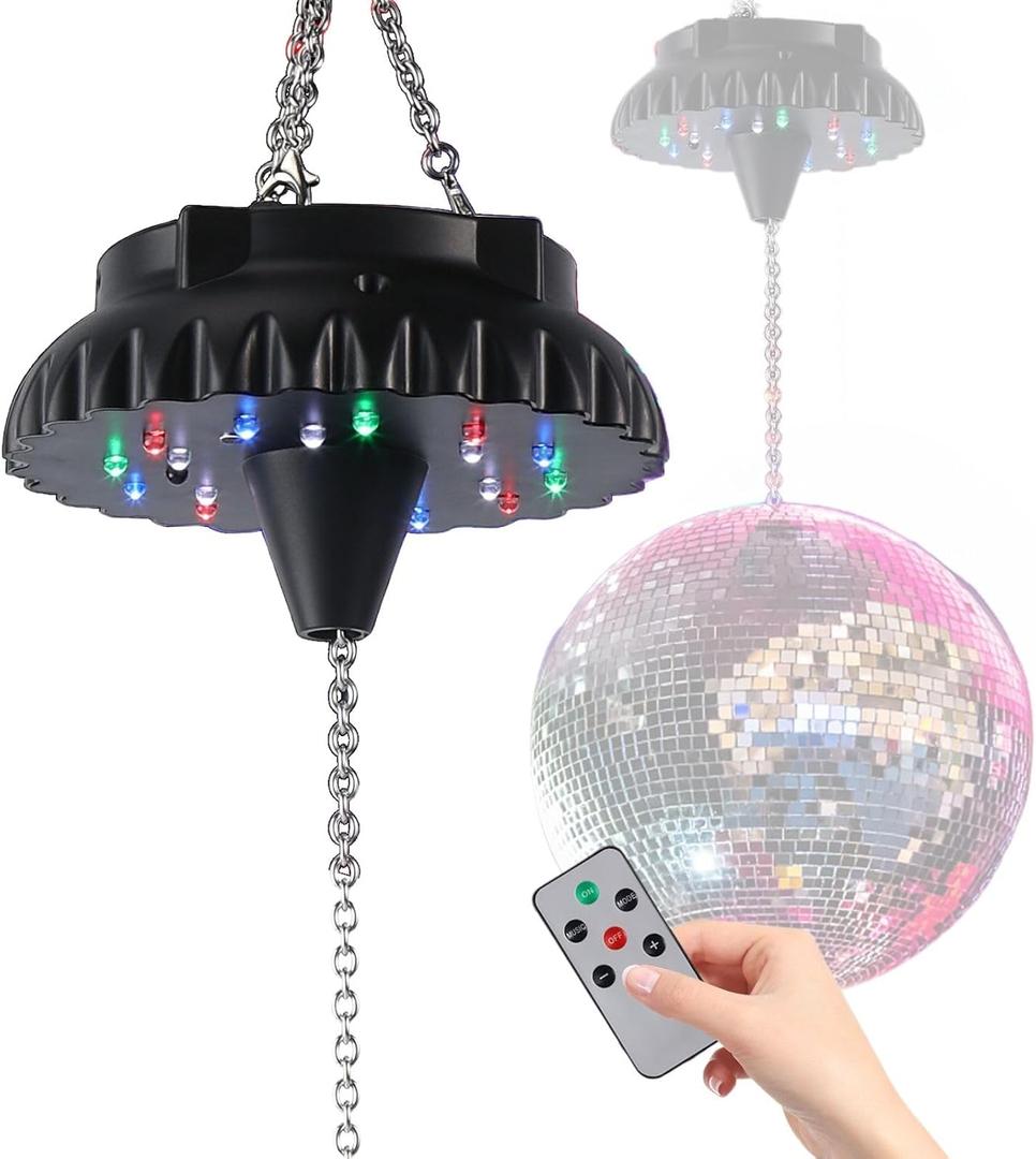 Disco Ball Motor Rotating with Light: Rechargeable Disco Ball Spinner with Remote Adjustable Speed  18 RGBW LED Light for Wedding Party Decor