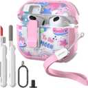 WENEW Case for AirPods 3 Case Cover Secure Lock Automatic Snap Switch Clip Cleaner Kit Lanyard Women Stylish Flower Armor Hard Shell Full Body Front LED Visible (Pink Space, AirPods 3rd)