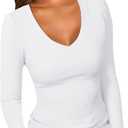 PALINDA Women's Ribbed V Neck Slim Fitted T Shirts Basic Solid Long Sleeve Layering Tee Tops (Large)
