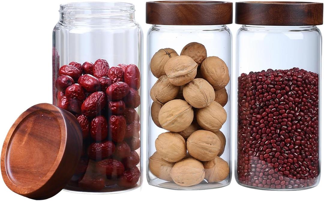 40.5 fl.oz -3 pack Glass Jars with screw Acacia Lids, Glass Food Storage Containers with Airtight Lids, Glass Container Jar Set for Coffee, Nut, Candy, Cereal, Sugar, Snacks, Blooming Tea,Spice (1200ML)
