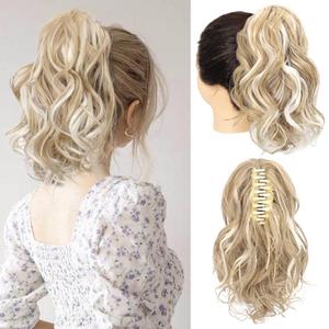 SEIKEA 10" Short Claw Highlight Ponytail Extension, PT001 Ella Wavy Thick Jaw Clip in Hair Extensions Ponytail Soft Natural Looking Synthetic Hairpiece Medium Golden Blonde White Blonde Highlights SEIKEA 10" Short Claw Highlight Ponytail Extension, PT001 Ella Wavy Thick Jaw Clip in Hair Extensions Ponytail Soft Natural Looking Synthetic Hairpiece Medium Golden Blonde White Blonde Highlights
