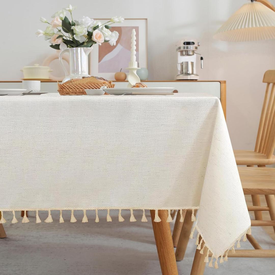 JIALE Textured Tablecloths, Heavy Duty Cotton Linen Farmhouse Table Cloth Rectangle Table, Waterproof Wrinkle-Free Rectangle Tablecloth for Kitchen, Dining, Parties, 55"x75", Ivory