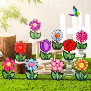 Wenqik 10 Pcs Spring Table Decoration Wooden Flower Decor Colorful Spring Tiered Tray Decor Flower Figurines Set with Stems Floral Centerpiece for Easter Party Home Shelf Decoration MotherS Day Gifts