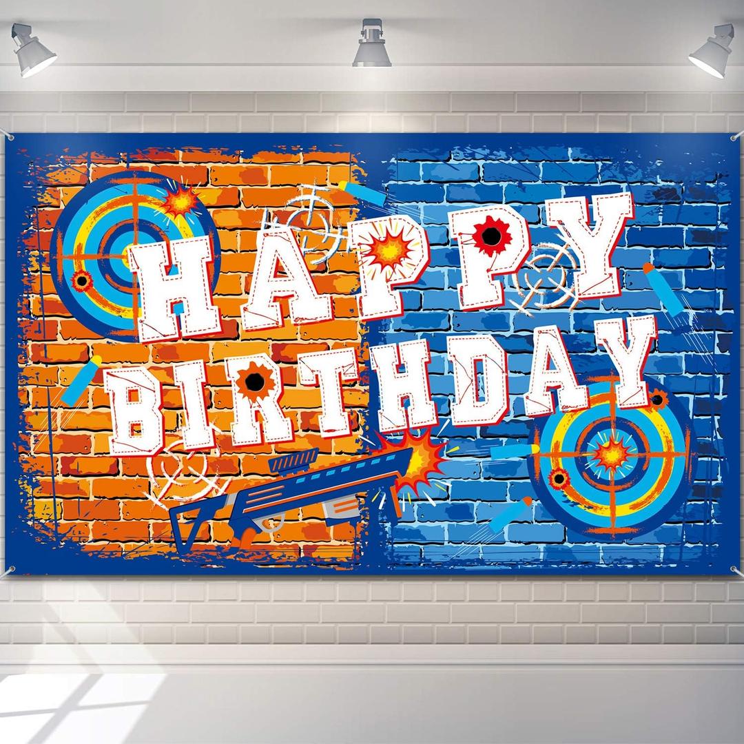 Tatuo Gun Backdrop Happy Birthday Banner Party Decorations Supplies Dart Battle Background Target Water for Boy's Birthday Party Themed Decorations