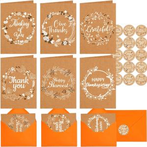 4 x Fancy Land Kraft Thanksgiving Cards with Envelopes Rustic Fall Wreath Thank You Cards Assortment for Autumn Party Supplies 12Pcs