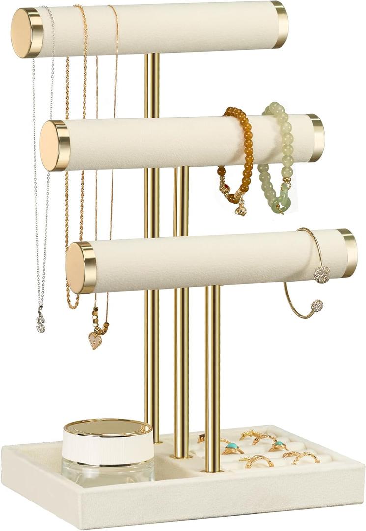 3 Tier Bracelet Holder Display - Detachable T Bar Beige Velvet Bracelet Holder, Jewelry Holder Organizer for Bracelet, Necklace, Watches, Rings,Beige, Standard