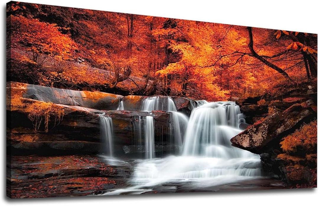 yearainn Autumn Forest Canvas Wall Art Waterfall Picture Stream River Landscape Red Tree Modern Canvas Artwork Contemporary Nature Picture Living Room Bedroom Home Office Wall Decor 29" x 58"