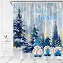 Christmas Gnome Shower Curtain Winter Forest Xmas Snowflake Hello Blue Winter Snowy Pine Tree Holiday Fabric Bathroom Curtain Set with Hooks(70" WX70 H)