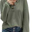 BTFBM Women Long Sleeve Shirts Spring Fall 2025 V Neck Loose Casual Blouse Deco Button Lightweight Waffle Knit Pullover (Small, Army Green)