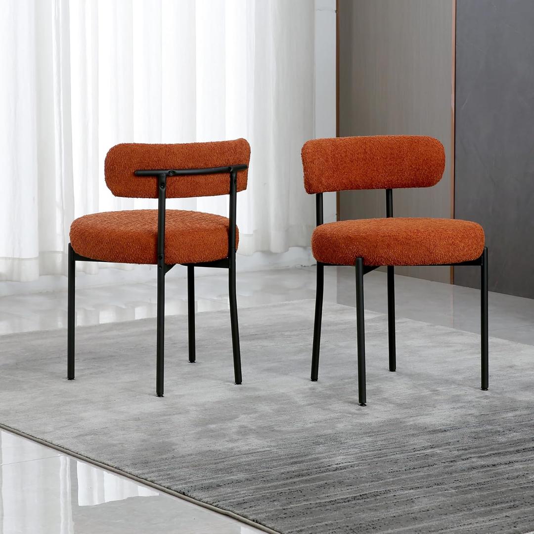 Dining Chairs Set of 2, Mid Century Modern Chair Round Upholstered Curved Backrest, Kitchen Vanity Living Room Chairs with Black Metal Legs, OrangeM