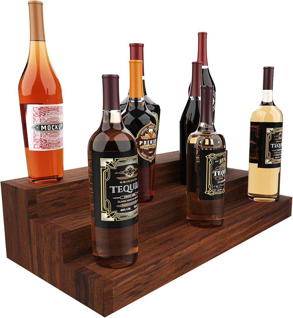 Bottle Stand - 24 Inch 3 Tier Bar Bottle Display Shelf, Holds 18 Bottles, Real Wood, No Installation Required (Dark Walnut)