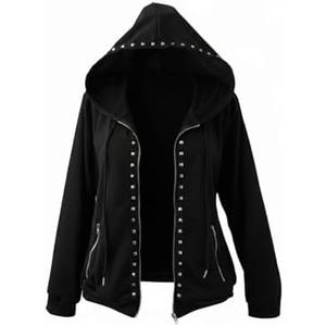 BEAUDRM Women's Plus Size Rivet Studded Hoodies Y2k Gothic Grunge Punk Zip Up Long Sleeve Sweatshirt Jacket Streetwear 2XL