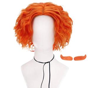 Short Afro Curly Mad Hatter Cosplay Wigs Halloween Party Costume for Women Men with Eyebrow(Light)