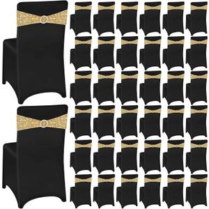 Chumia 100 Pcs Chair Covers and Sashes, Spandex Stretch Chair Slipcovers with Shiny Bowknot for Wedding Party Banquet Anniversary Events Dining Decor (Black,Gold)