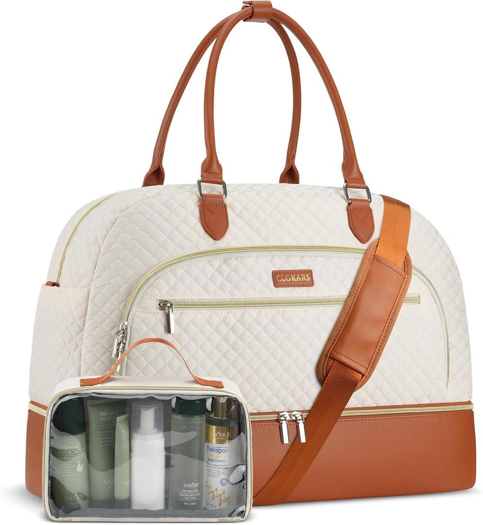 Weekender Bags for Women, Large Travel Duffel Bag Carry on Overnight Bag with Shoe Compartment and Toiletry Bag for Travel Business Gym Hospital, Beige Brown