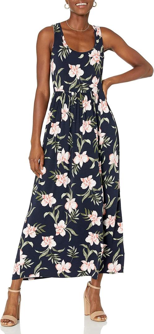 Amazon Essentials Women's Tank Waisted Maxi Dress (Large, Navy Tropical)