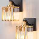 EDISHINE Wall Sconces Set of Two, Bathroom Light Fixtures with Crystal Shade, Modern Vanity Lights, Black Gold Lighting Fixtures Over Mirror, Indoor Wall Lamp, E26 Base
