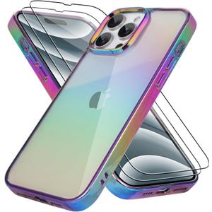Bonoma Compatible with iPhone 16 Pro Case Bling Laser Florescent Iridescent Crystal Luxury Camera Protector + 2* Screen Protector Shockproof Edge Cover -Purple