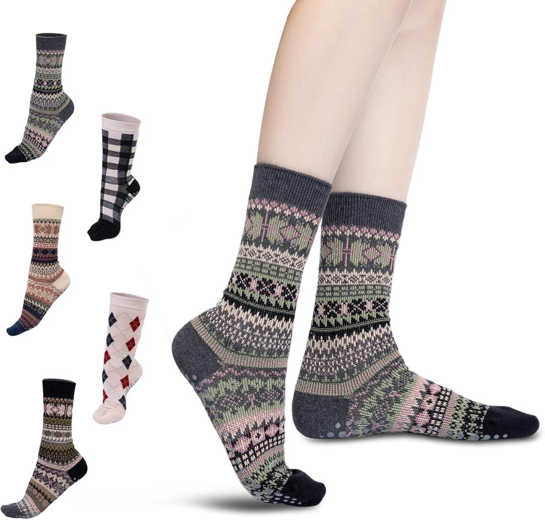 Boho Yoga Socks for Women  Non-Slip Grip High Calf Pilates Socks, Gym & Home Exercise.Checked pattern