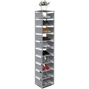 10 Tier Vertical Shoe Rack - Grey Narrow Shoe Rack for Closet & Entryway, Space Saving Tall Shoe Organizer for Small Spaces, Sturdy Skinny Shoe Tower Stand for Boots & Heels, Grey