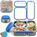 Stainless Steel Bento Box Kids Adult with 7oz Soup Thermo, Transparent Lid 3 Compartments Metal Bento Lunch Box with Insulated Food Jar,Lunch Box Container Sauce Cup for School,BPA-Free(Blue)