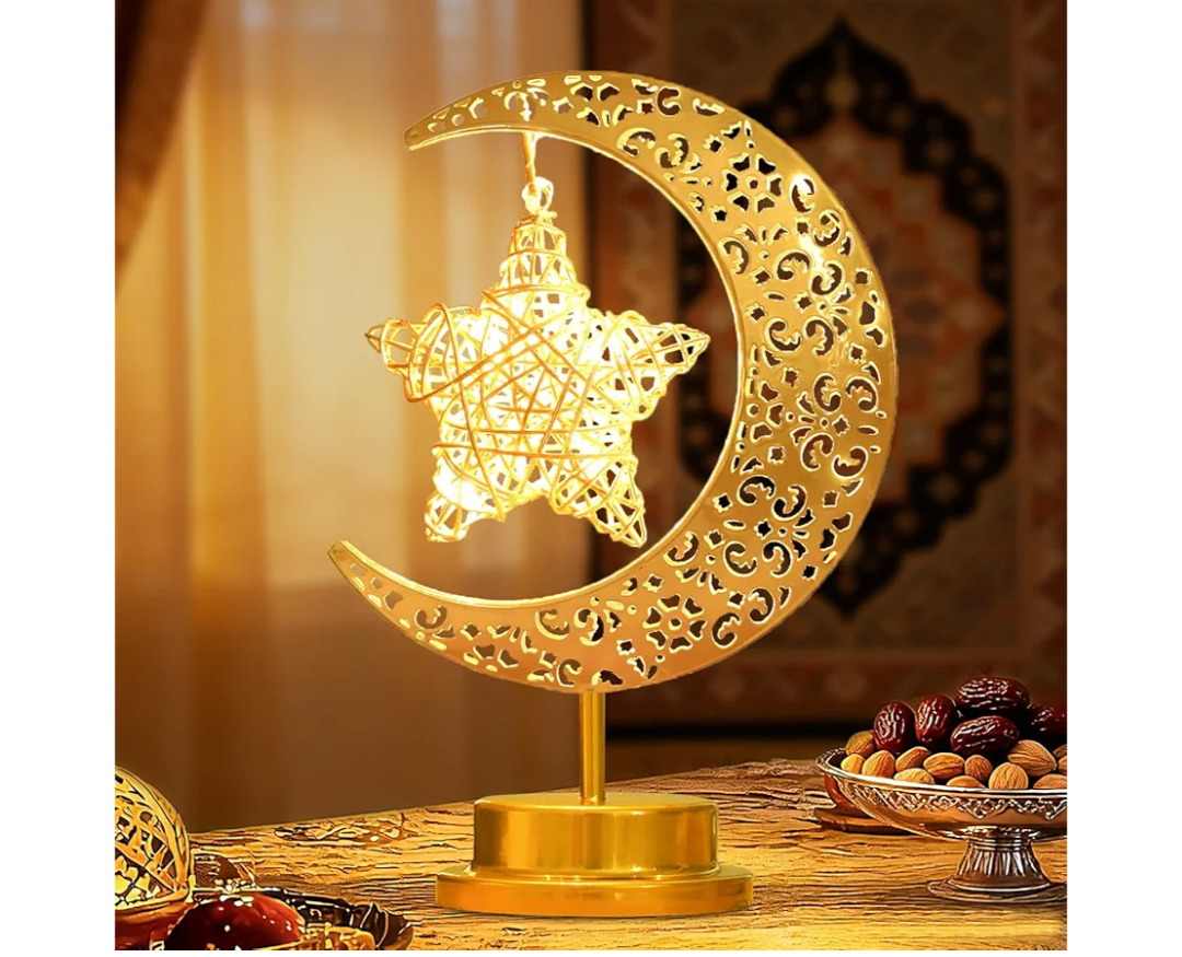 Ramadan Decorations for Home, Crescent Moon Lamp with Star Light, Islamic Table Decor Night Lamp, Battery Operated Eid Mubarak Ramadan Lights for Home Decorations & Gifts