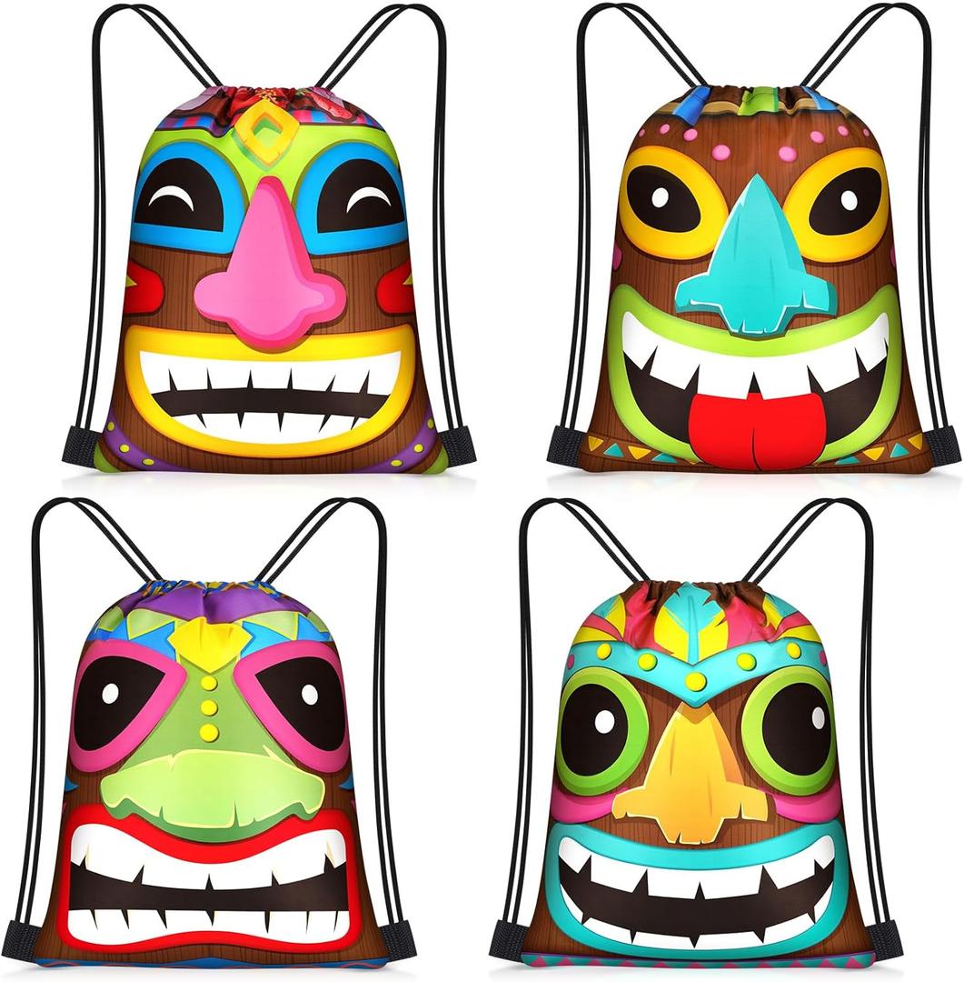 Censen 24 Pcs Hawaiian Aloha Drawstring Bags Tiki Luau Gift Bags Set Bulk 12 x 10 Inch Waterproof Beach Sack Pack for Girls Boys Kids Gift Party Aloha Festival Hawaiian Party Supplies