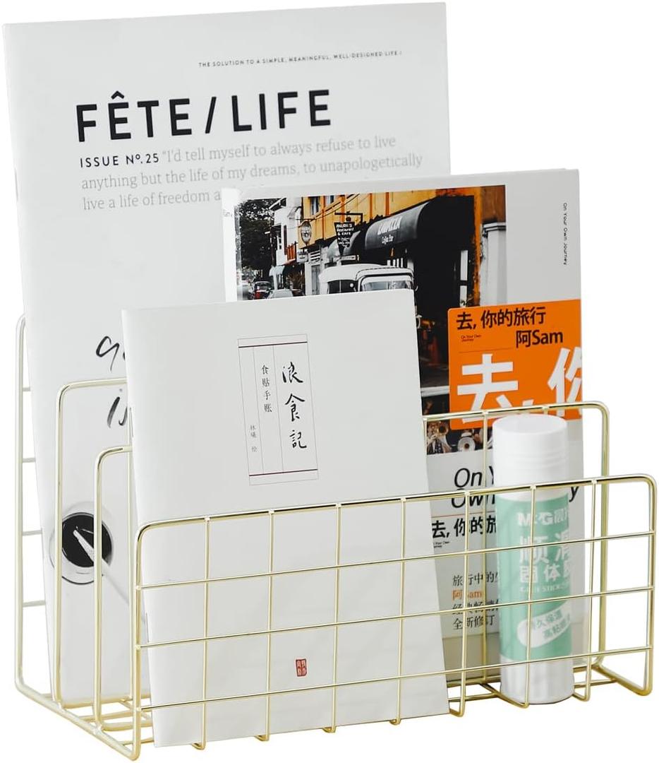 JIARI Decorative Book Organizer Magazine Holder Mail Sorters 3-Slot, Desktop File Sorter Organizer Bookshelf Bookends Book End, Metal Bookend (Gold)