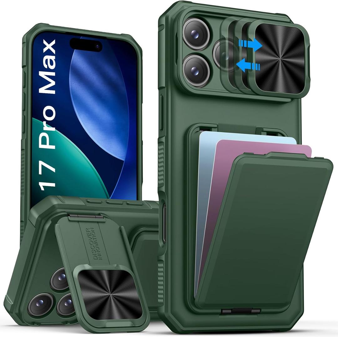 SSLOTSCASE for iPhone 17 Pro Max Case with Card Holder & Camera Cover Stand & Slide Lens Cover & Wallet, Men Women Sturdy Stylish Multifunctional Phone Case Cover for iPhone 17 Pro Max 6.9'', Green