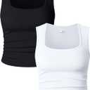 OQQ Womens 2 Piece Crop Tops Rueched Sleeveless Square Neck Stretch Basic Tank Shirts (X-Large, Black,white)