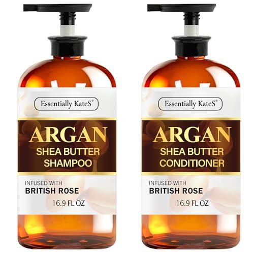 Essentially KateS Argan Shea Butter Shampoo and Conditioner Infused with Rose Extract 16 Fl Oz Set, Pack of 2 - Long Lasting Moisturizing Effect - Curly and Wavy Hair
